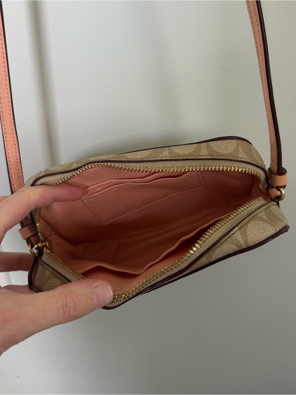 Coach Signature Canvas Crossbody in Khaki/Tan with Pink Trim - Picture 4 of 4